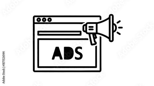 Vector illustration of a web browser showing ads with a megaphone for online promotion, on transparent background
