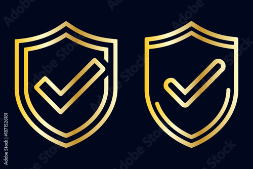 Golden Shield Icons with Checkmarks Representing Security Guarantee and Verified Protection on Dark Blue vector