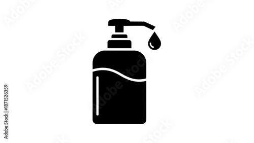 Vector illustration of a black silhouette liquid soap pump bottle with a drop, on transparent background