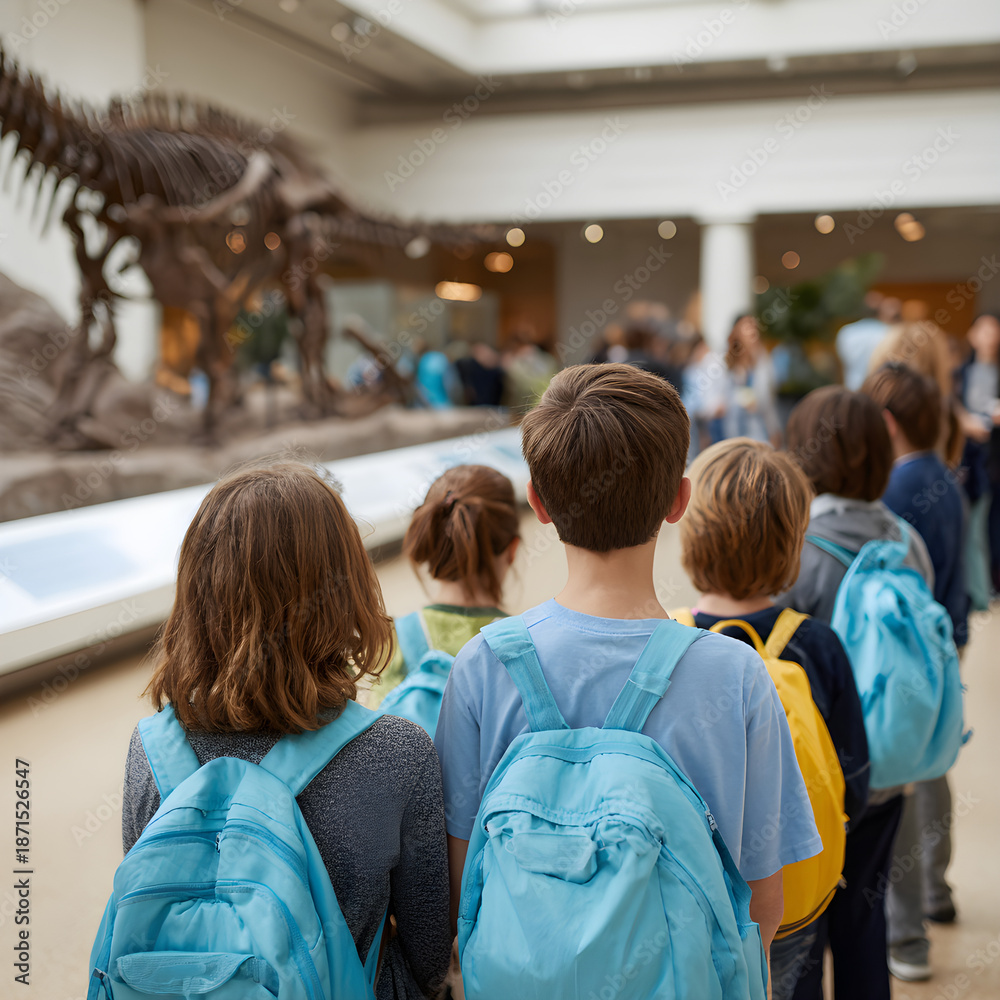 Obraz premium Rear View of Students with Backpacks on Field Trip to Natural History Museum