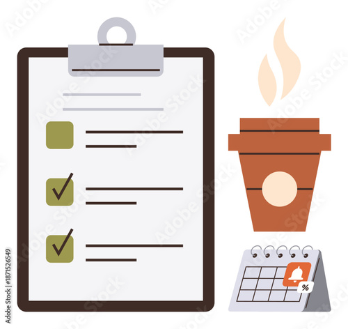 Productivity, organization, time management, task planning, daily goals, and reminders. A clipboard with checklist, steaming coffee cup and a desk calendar reminder. Productivity and task planning