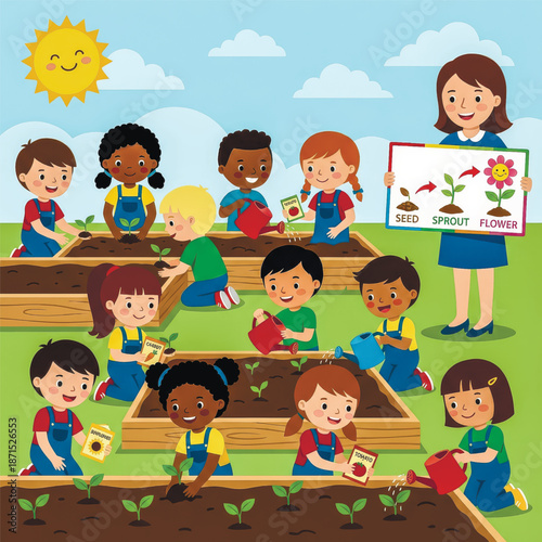 A diverse class learns about the plant life cycle in a sunny school garden. The happy teacher and students plant seeds and water new sprouts together.. Vector illustration