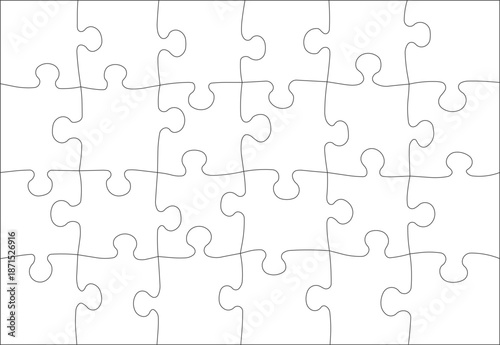 Technical vector outline of a blank jigsaw puzzle template, featuring a seamless grid of interlocking puzzle piece shapes.
