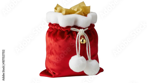Festive Gift Bag of Presents: A vibrant red gift bag overflowing with anticipation, crowned with pristine white trim and a golden surprise peeking out. An icon of gift-giving and seasonal cheer. 