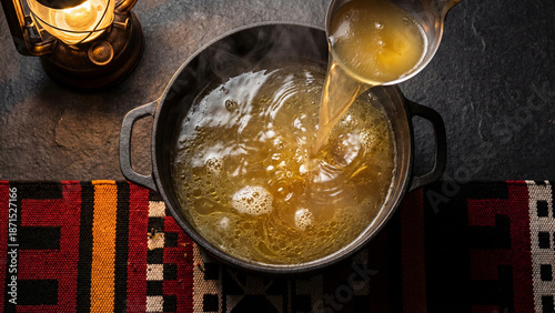 Pouring Golden Chicken Broth into Cast Iron Pot, Top Down Rustic Cooking Scene

