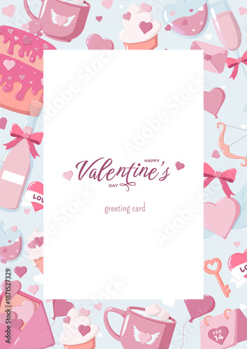 Valentine s Day greeting card with festive border of hearts, cupcakes, wine, mugs, keys, and Feb 14 calendar on a light blue background