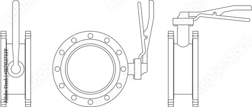 Technical architectural vector of a industrial butterfly valve, featuring front, side, and top elevation view diagrams.
