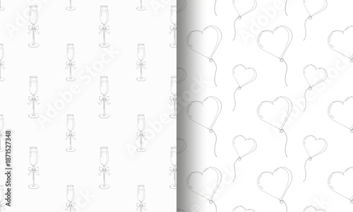 Set of two seamless patterns champagne flutes with bows and heart-shaped balloons. Ideal for Valentine s Day, weddings, and festive wrapping paper or backgrounds