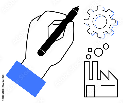 Innovation, industrial development, product design, problem-solving, manufacturing, engineering. A hand with a pencil near gear and factory icons. Innovation and industrial development ideas