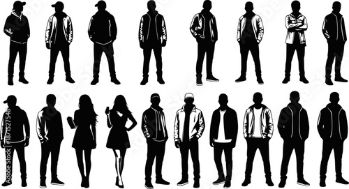Vector silhouettes men and women, illustration. Silhouettes of young people posing in casual clothes. Transparent background EPS version.