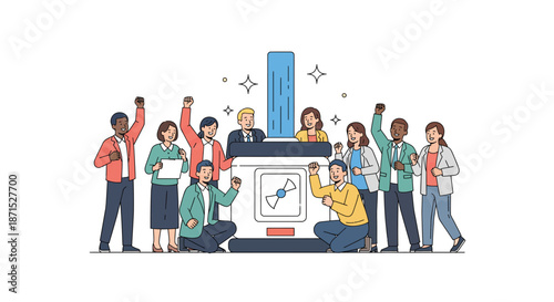 Diverse group of people celebrating around a large computer screen with a graph.