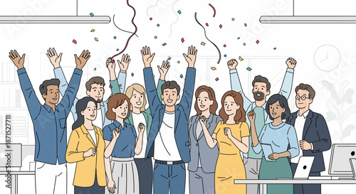 Diverse group of office workers celebrating success together.