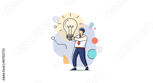 Man holding a lightbulb with creative elements around him.