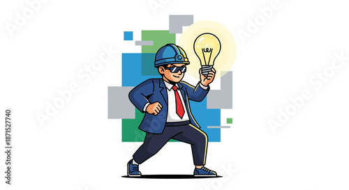 Cartoon businessman with a bright idea holding a lightbulb.
