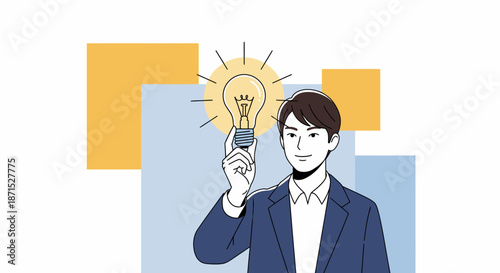 Illustration of a businessman holding a glowing lightbulb symbolizing innovation and creativity.