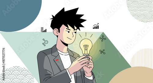 Illustration of a man in a suit holding a glowing light bulb with creative elements around him.
