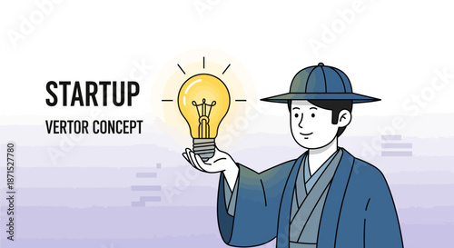 Illustration of a man in traditional Korean attire holding a lightbulb symbolizing startup ideas.