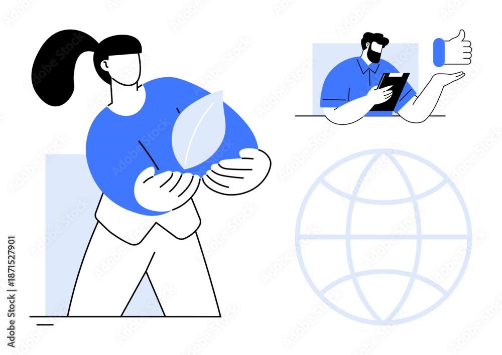 Fototapeta premium Sustainability, technology, teamwork, global connectivity, eco-consciousness, workplace cooperation. Person holding a leaf, globe another with tablet. Sustainability and technology