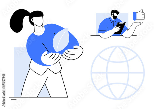 Sustainability, technology, teamwork, global connectivity, eco-consciousness, workplace cooperation. Person holding a leaf, globe another with tablet. Sustainability and technology