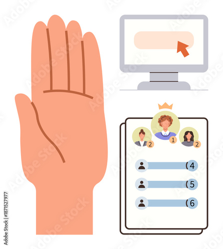 Online security, identity verification, gamification, user ranking, consent, interactive platforms. Open hand, leaderboard with user profiles computer screen with pointer. Identity verification
