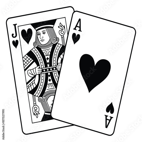 Illustration of ace of hearts and jack of hearts playing cards for blackjack gambling with vintage design on white background for poker and casino
