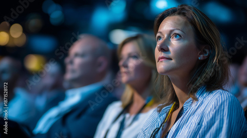 Conference photo audience and speakers giving speech seminar presenters panel during forum corporate managers sales executive training investor pitch