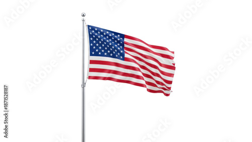 American flag waving on flagpole, isolated on transparent background