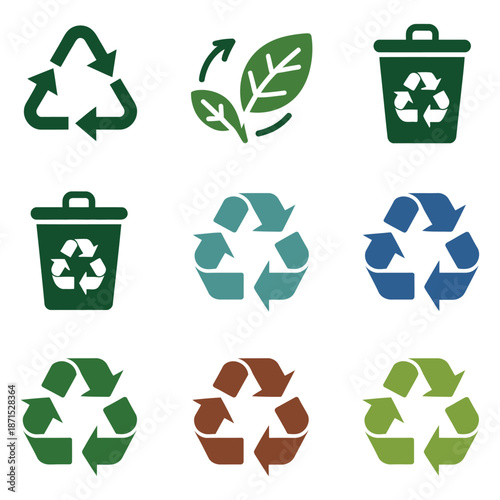 Set of recycle symbols depicting eco friendly practices and environmental conservation with reuse and sustainability concept for ecological awareness movement