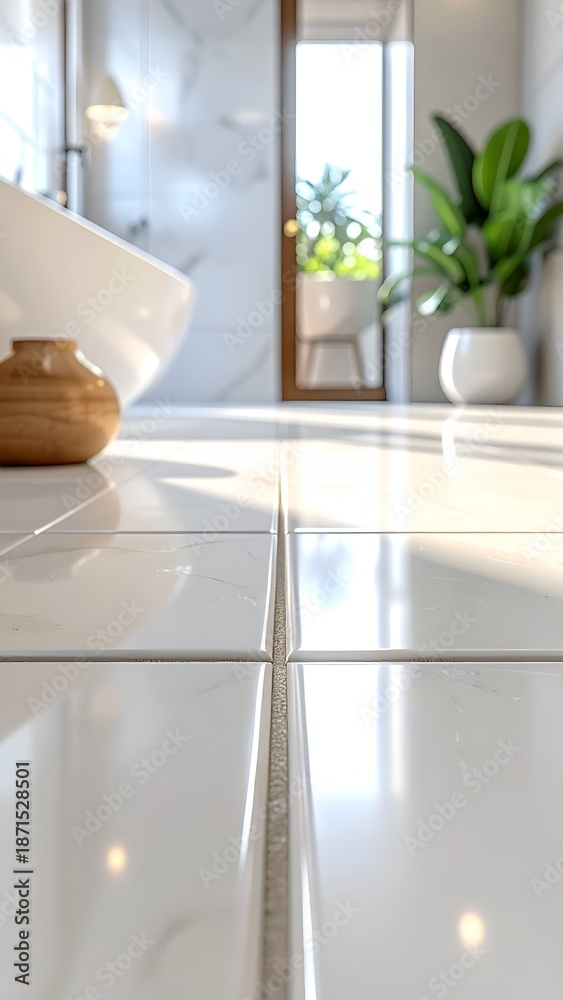 Fototapeta premium A serene bathroom scene highlighting shiny tiles, a wooden vessel, and lush greenery