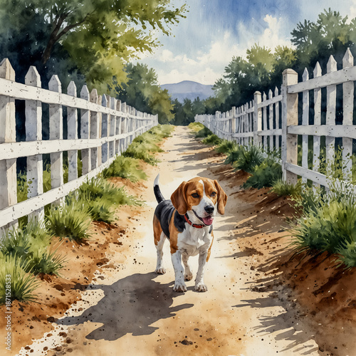Watercolor illustration of a beagle walking along a dirt lane lined with white fencing.
