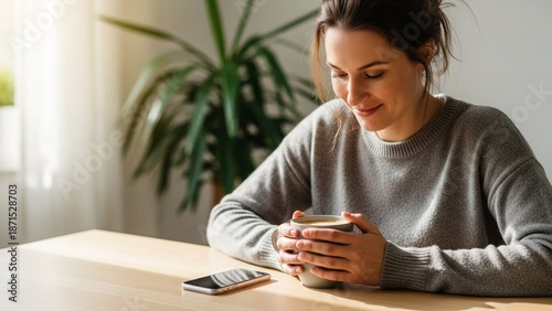 Woman sitting at table with cup and smartphone. A woman sits at a wooden table, holding a cup and looking at her smartphone with a plant in the background.