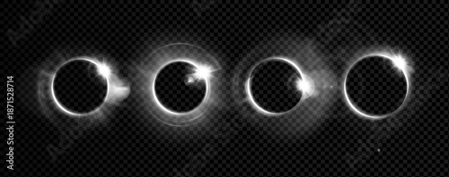 Ring flare halo light for angel glow and white lens effect. 3D design circle with beam portal or abstract radial line through glossy glass eclipse. Bright blue neon aura and golden sparkle.