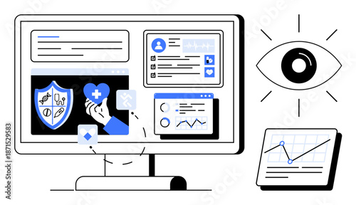 Computer screen featuring health icons, charts, and profiles. Tablet graph and large eye symbol emphasizing observation. Ideal for healthcare, analytics, technology, monitoring, productivity