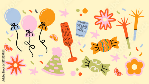 Happy Birthday stickers in retro 90s cartoon style. Groovy shapes with cakes, sweets and cute animals. Bright vector patches for party events.