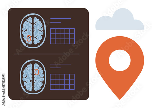 Neuroscience, geolocation, medical research, brain mapping, data analysis, cloud computing. MRI brain scans, grid location pin and cloud. Neuroscience and geolocation research concept