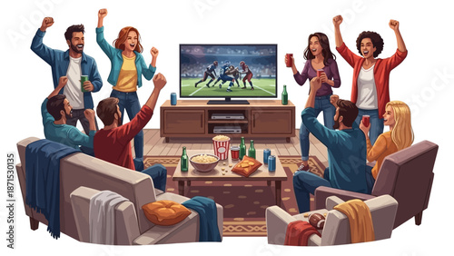 Friends watching a football game on TV and cheering enthusiastically together