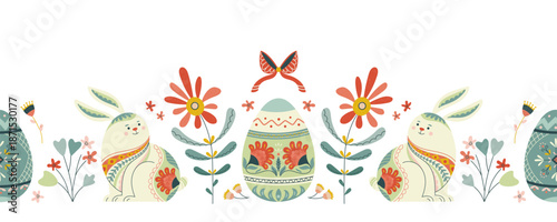 Seamless Easter folk border with bunny, ornamental eggs and spring flowers. Scandinavian style vector design for greeting cards, holiday invitations, seasonal decoration Happy Easter ornament