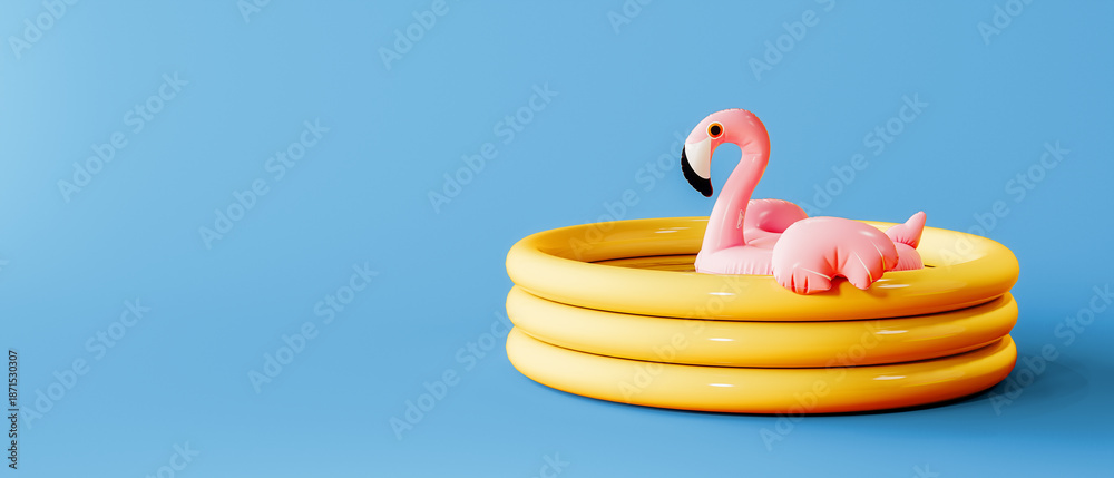 Fototapeta premium Pink flamingo inflatable belt in yellow pool on blue background with copy space. 3D Rendering, 3D Illustration