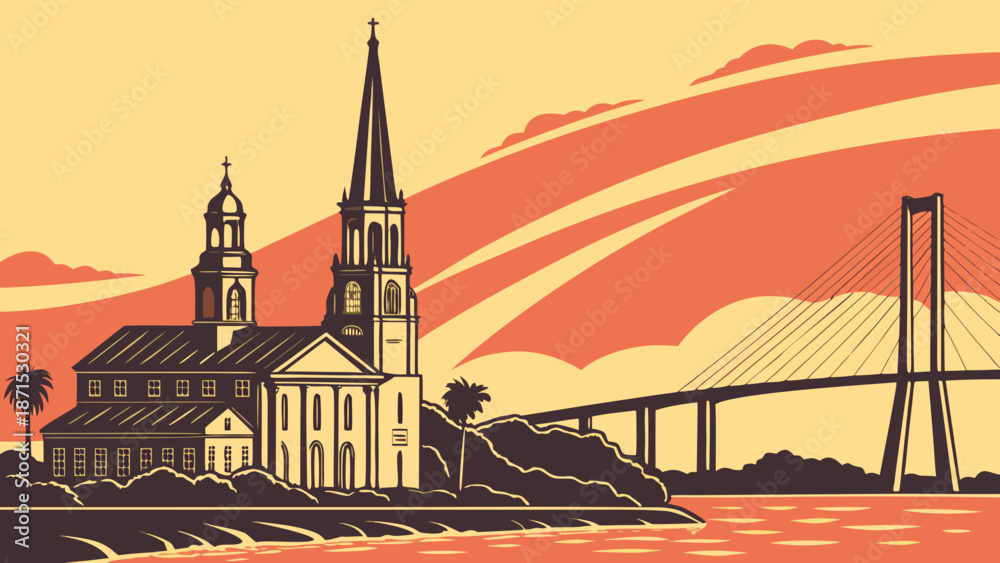 Fototapeta premium Charleston skyline with church and ravenel bridge in south carolina. Suitable for travel guides, postcards, websites, social media posts.