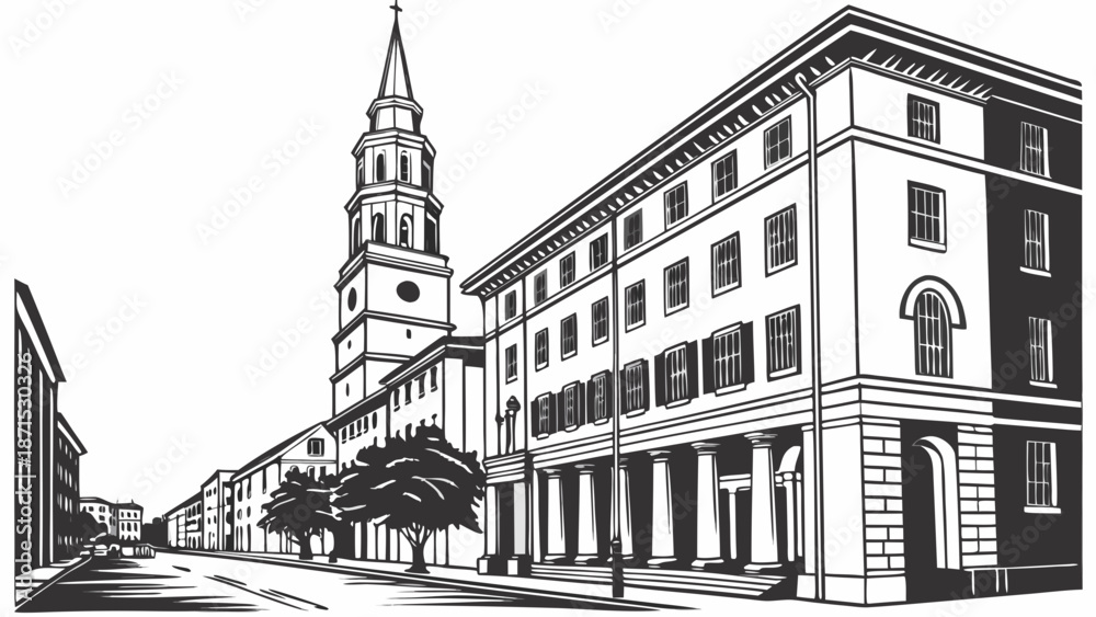 Naklejka premium Charleston skyline with st. Philips church in a picturesque south carolina scene ideal for city and travelrelated designs.