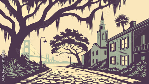 Charleston skyline with historic buildings, cobblestone streets, and bridge. Suitable for travel brochures, city guides, website banners, and postcards.