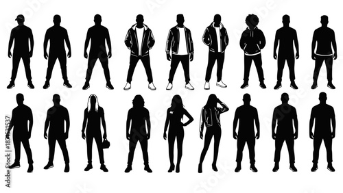 Vector silhouettes men and women, illustration. Silhouettes of young people posing in casual clothes. Transparent background SVG version.