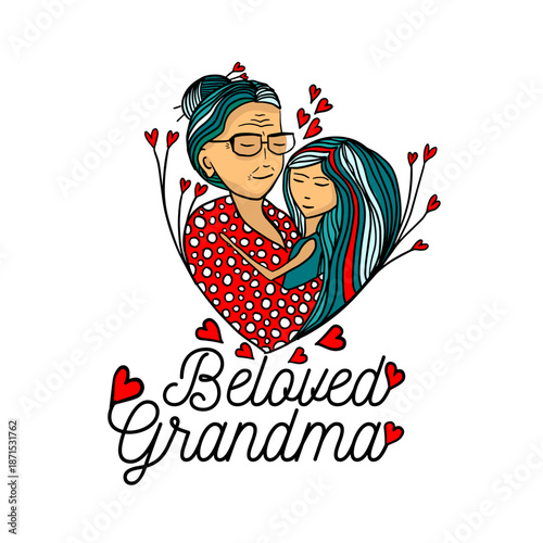 Illustration of a grandmother with her granddaughter . Mother's Day. hand drawn. Not AI, Vector illustration.