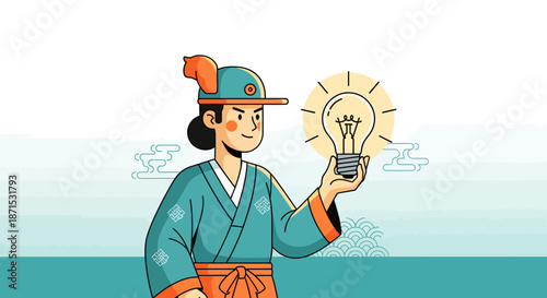 Illustration of a man in traditional Korean attire holding a lightbulb symbolizing an idea.