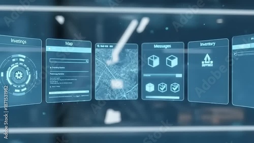 Futuristic Digital Interface with Multiple Screens Displaying Data and Maps in a HighTech Environment.