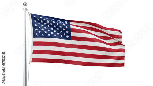 American flag waving on flagpole, isolated on transparent background