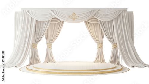 Elegant white stage with curtains, isolated on transparent background