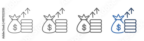 
outline icon set income with money bag, coin and up arrow design