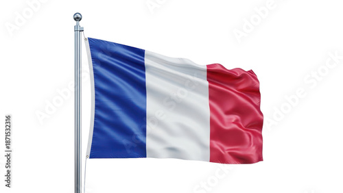 French flag waving on flagpole, isolated on transparent background