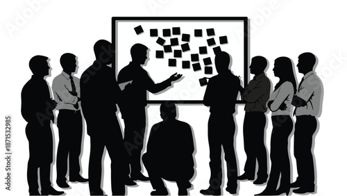 Business team meeting brainstorming ideas on whiteboard with sticky notes in modern office setting